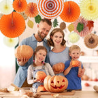 Easy Joy 14 Pcs Fall Party Decorations, Orange Hanging Paper Fans Autumn Paper Pompoms Lanterns Maple Leaves Bunting Garlands for Thanksgiving Celebration, Birthday Decor