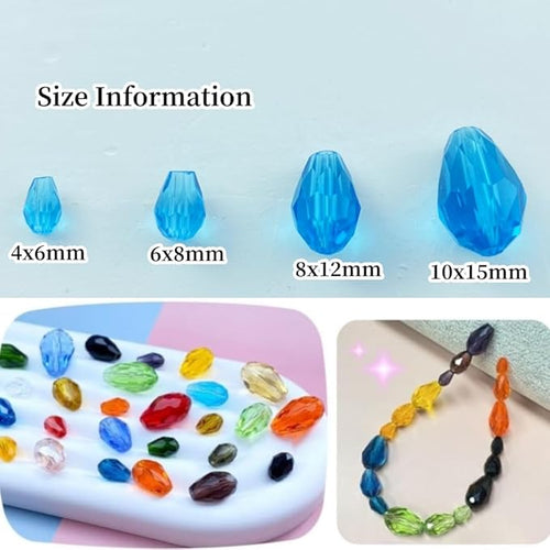 100pcs 8x12mm Teardrop Crystal Glass Beads Vertical Hole Faceted Glass Teardrop Spacer Beads for Bracelets Necklace Earring DIY Jewelry Making Craft(Lake Blue)