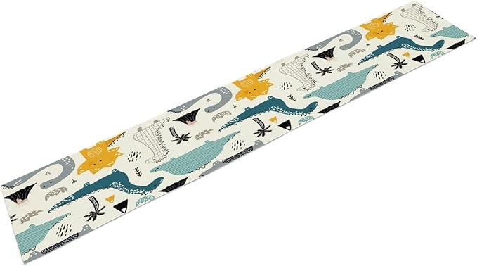 Cartoon Dinosaur Table Runner,Kids Boys Cute Various Dino Moutain Modern Abstract Print Tablecloth Burlap for Hotel Indoors Outdoor Dining Room Kitchen Holiday Party, 13x60in