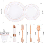 NOCCUR 350PCS Rose Gold Plastic Plates - Clear Rose Gold Disposable Dinnerware Set - Include 100 Dinner/Dessert Plates,50 Cups,50 Pre Rolled Napkins with Cutlery Set - Ideal for Party&Wedding