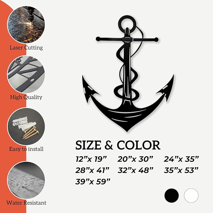 XXQ Anchor Metal Wall Decor, Anchor Metal Wall Art for Bedroom Living Room Dorm Antique Anchor Wall Decor Antique Metal Anchor Farmhouse Decor (Black, 35" x 53" / 90 x 135cm)