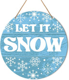 Muktoujaumai Winter Sign Front Door Decor, Christmas Round Hanging Sign Decor Snowflake Xmas Holiday Wall Decorations Winter Wood Sign for Door, Porch, Home, Let It Snow