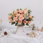 LESING Artificial Rose with Vase,Fake Silk Flowers Bouquets in Vase Table Centerpiece Arrangement for Kitchen Living Room (Pink-1)