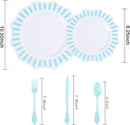 COLOSUS 150pcs Disposable Blue and White Striped Easter Plastic Party Plates and Silverware set, Light Blue Dinner/Dessert Plates silverware serve 30guests for Birthday Wedding Party and Daily use.