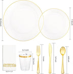 Supernal 350PCS Clear and Gold Plastic Dinnerware Set Include Clear Disposable Plates, Gold Plastic Silverware Heavy Duty, Cups and Napkins for Birthday, Weddings, Parties