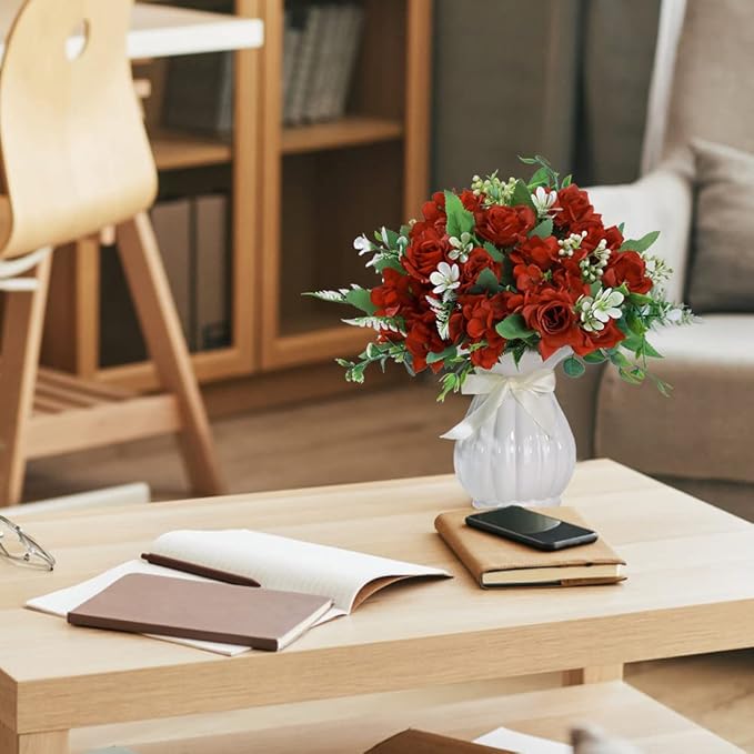 LESING Artificial Rose Silk Hydrangea Flowers Bouquets with Vase Rustic Fake Flowers for Home Decoration Table Centerpiece (Claret Red)