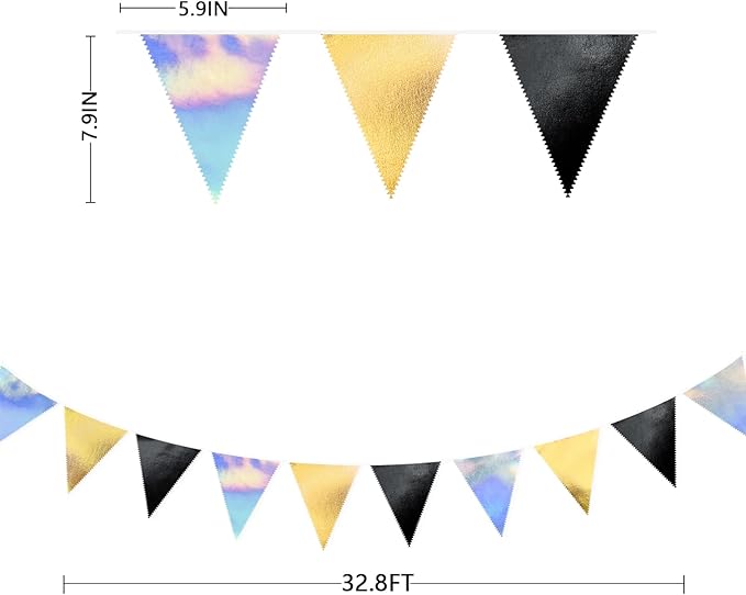 Black Gold Iridescent Party Decorations Triangle Pennant Banner Flag Metallic Fabric Bunting for Birthday Graduation Retirement Wedding Bridal Shower Engagement Bachelorette Disco Party Supplies