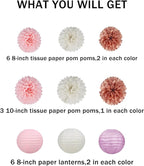 Rose-Gold Pink White Party Decorations - 15Pcs Tissue Pom Poms Paper Flowers Paper Lanterns Birthday Valentines Day Baby Girl Shower Women Bridal Wedding Engagement Bachelorette HongTongTong