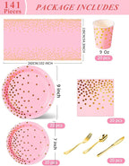 141 Pieces Pink and Gold Party Supplies, Party Dinnerware Sets Include Paper Plates Napkins Cups Silverware, for Wedding Bridal Shower Engagement Birthday Parties Decoration -20 Serves