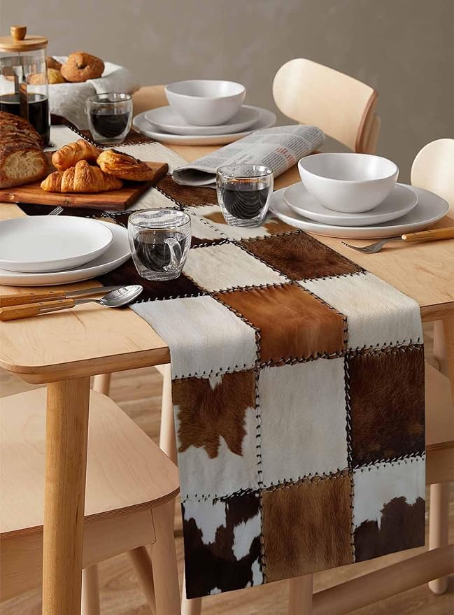 Abstract Cowhides Cotton Linen Table Runner for Dining Kitchen, Wedding Outdoor Party Tablerunners Decoration, Brown Beige Animal Fur Texture Dresser Scarf Coffee Tablecloth Runners 13x120 Inches