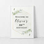 Andaz Press Personalized Extra Large Birthday Easel Board Party Sign, 12x18-inch, Modern Black, Gold with Green Leaves Florals, Welcome to Olivia's 50th Birthday, 1-Pack, Custom Name Age