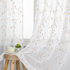 VISIONTEX White Sheer Voile Curtains, Decorative Orange Leaves Embroidery Faux Linen Rod Pocket Window Drapes for Home Kitchen, Living Room and Bedroom 54 x 108 Inch, Set of 2 Curtain Panels