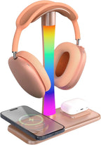 Headphone Stand with Wireless Charger,Gaming HeadsetStand with RGB Light Mode,Airpod MaxStand Compatible with Airpod Pro/3/2,iPhone 16/15/14/13/12/11,Samsung,Gifts for Gamers & Music Lover (Gold)