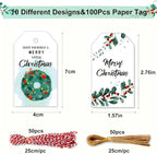 100 Pack Beautiful Christmas Gift Tags， Xmas Beautiful Gift Tags with Jute Twine Baker Twine for DIY Xmas Holiday Present Wrap Stamp and Label Package Name Card