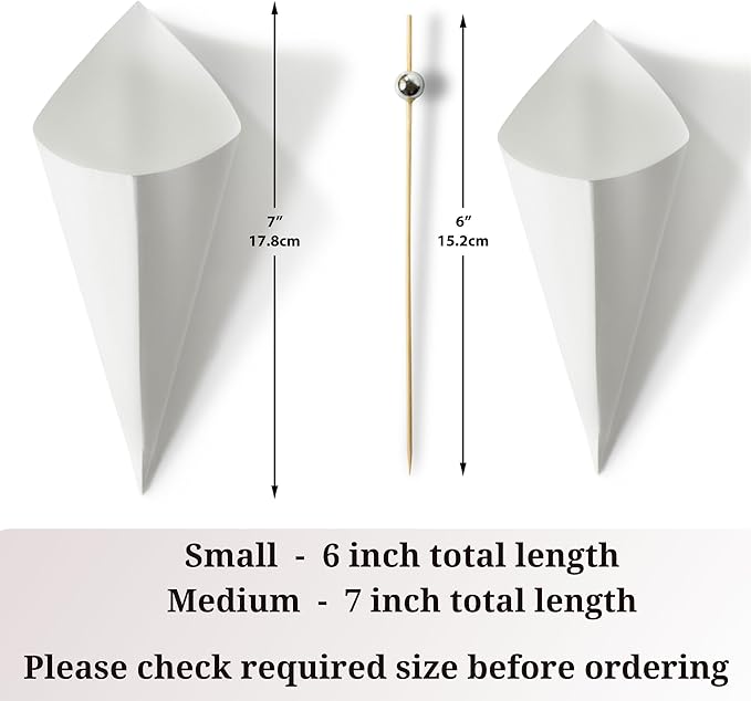 MONTX® 200-Pack Disposable Food Cones | 7" or 6" | White Food-Safe Paper Charcuterie Cones for Appetizers, Popcorn, Snacks, Confetti | Eco-Friendly Alternative to Wood Cones (6 Inch)