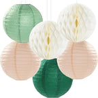 Sage-Green Pink-Beige Boho Party-Decorations Streamers - 14pcs Rustic Neutral Wedding Olive Paper Honeycomb Lanterns Fan,Birthday Baby Bridal Shower Engagement Decor Lasting Surprise