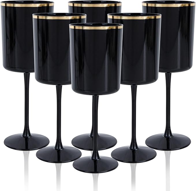 Ciaell 12 Pack 10 OZ Black Plastic Wine Glasses with Stem - Black and Gold Disposable Wine Glasses Perfect for Parties & Weddings & Toasting & Outdoors & Camping & Halloween