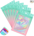 Funfery 100 Pack Gradient Holographic Bags,Mylar Resealable Bags with Zipper,Clear Window Packaging Pouchs,Smell Proof Foil Bag for Food Storage,Sample Jewelry Bag(2.7x3.9In,Green Pink)
