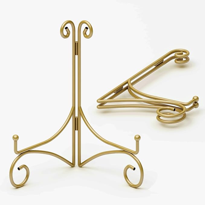 Iron Plate Stand for Display with Folding Design, Picture Stands for Tables, 12 Inch Large Easels for Displaying for Book, Art Piece, Photo and Platter, 12’’ Gold, 2-Pack
