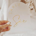 JINMURY Frosted Arch Wedding Table Numbers 1-25 with Stands, 5x7 Inch Acrylic Arch Sign with Golden Lettering, Frosted Acrylic Table Numbers for Wedding Reception