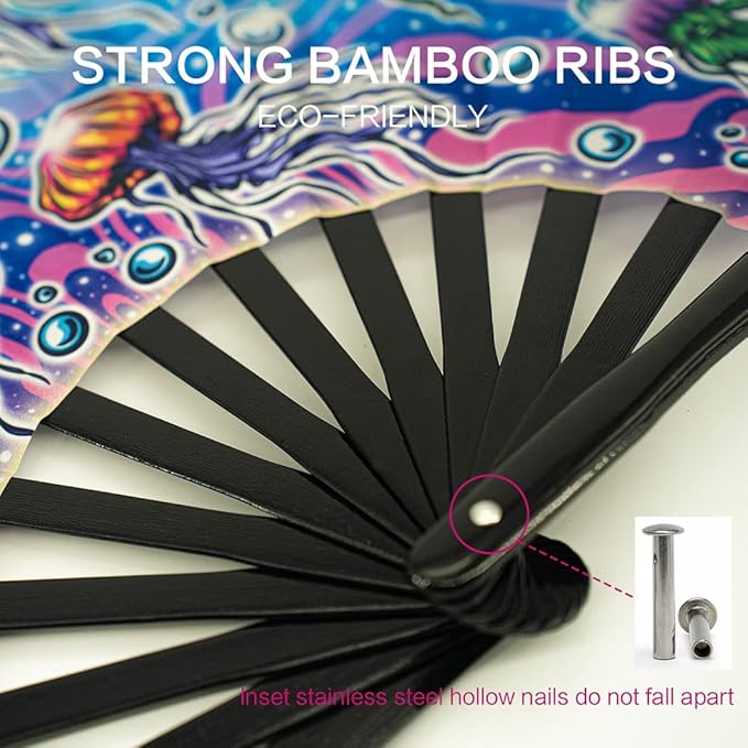 13" Large Rave Fan Bamboo, Folding Clack Hand Fans Foldable for Men Women, Boots on the Ground Poping Fan for EDM Festival Line Dance Decoration, (Jellyfish, Large 13")