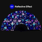 UV Glow Rave Fan, Bamboo Folding Clack Hand Fans Foldable for Men Women, Boots on the Ground Poping Fan for EDM Festival Line Dance Decoration, (Mushrooms and Skulls, Large 13")