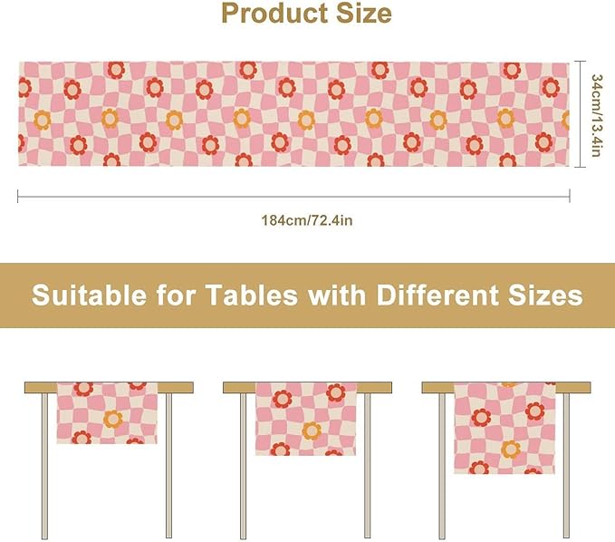 Vintage Floral Table Runner,60s Retro Color Funky Hippie Print Table Cloth Kitchen Dining Table Home Party Decoration 13x36 Inch