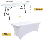 2-Pack 6ft White Spandex Table Covers for Rectangle Standard Folding Tables - Wrinkle Resistant Stretch Tablecloths - Ultimate Fitted Table Protector for Parties, Trade Shows, Banquet