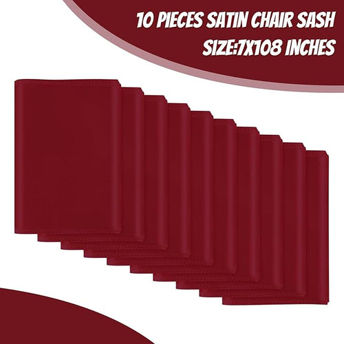 10 PCS Burgundy Satin Chair Sashes Bows Universal Chair Ribbon Ties Back Sash for Wedding Party Reception Events Banquets Hotel Event Chair Cover Decoration (7x108 inch)