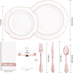 NOCCUR 175PCS Rose Gold Plastic Plates with Disposable Silverware - Include 25Dinner Plates, 25Dessert Plates, 25Forks, 25Knives, 25Spoons, 25Cups, 25Napkins for Wedding&Party