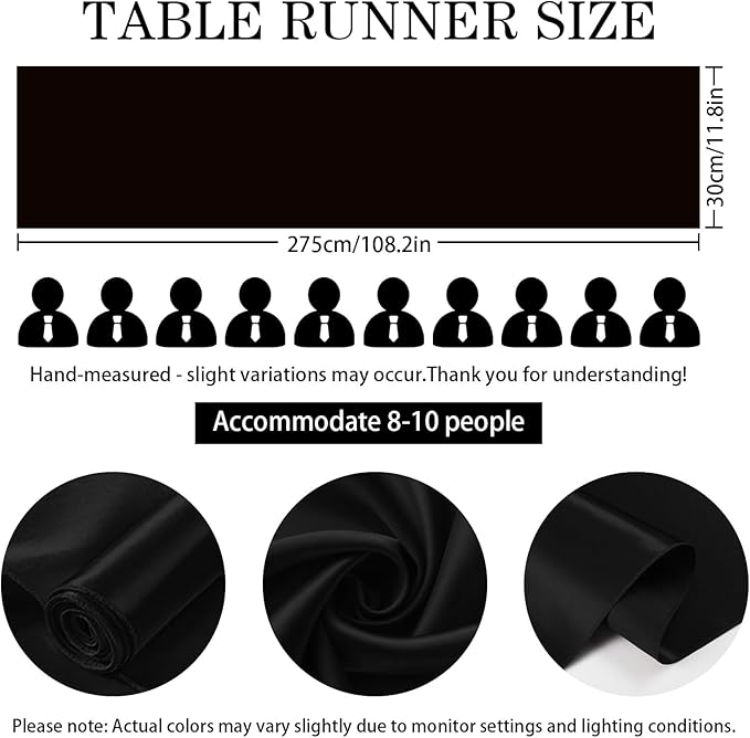 SHEJIZE 20 Pack Black Satin Table Runner 12x108 Inches Long, Bright Silky Smooth Satin Table Runner Table Decor for Wedding Banquet Christmas Prom Event Birthday Party