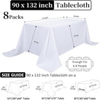 8 Pack White Table Cloth 90 x 132 Inch Rectangular Tablecloths for 6 Foot Rectangle Tables, Wrinkle Resistant White Tablecloth Washable Polyester Fabric Table Covers for Party Wedding Banquet