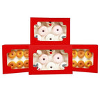 qiqee Auto-pop up Red Cookie Box with Window 12x8x2.5 inch 32 Packs Two Uses One Second Folding Pastry Biscuit Bakery Box for Packaging