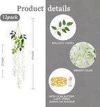 12 Pack White Wisteria Hanging Flowers Garland with Lights, 3.44 Feet Artificial Flower Vines, Fake Wisteria, Artificial Vines Hanging Garland for Backdrop Outdoor Patio Garden Decor