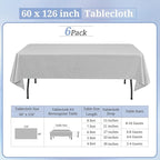 6 Pack Light Grey Rectangular Tablecloths, 60 x 126 Inch, Polyester/Fabric, Wrinkle & Stain Resistant, Classic Style, Perfect for 8ft Tables, Weddings, Banquets, Parties