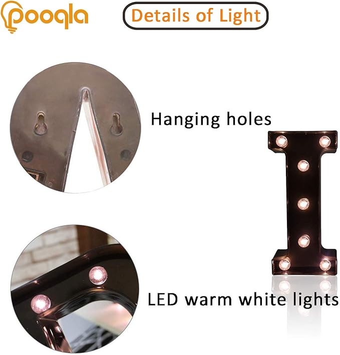 Pooqla Decorative LEDs Illuminated Letter Marquee Sign - Alphabet Marquee Letters with Lights for Wedding Birthday Party Christmas Night Lights Lamp Home Bar Decoration I, Black