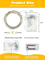 2 Pack 200LED Battery Operated Fairy Lights with Remote, 8 Modes LED String Lights with Timer, Dimmable, Memory Function, Waterproof Twinkle Lights for Outdoor Indoor Christmas Decor(Warm White)
