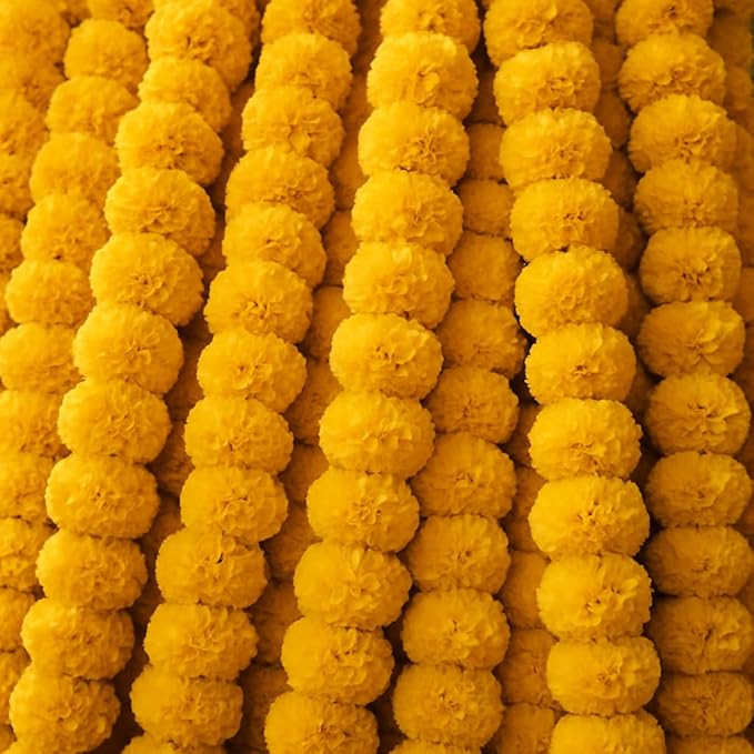 Artificial Marigold Flowers Garland for Diwali Decoration, American Wedding Party, Mantle Decoration, Faux Garlands, Wedding Garland, Spring Bush Floral - 5 String - (Yellow | 4 to 4.5 ft) Hashcart®