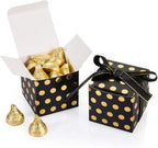 AWELL Black Gift Candy Box with Gold Dots Bulk 2x2x2 inches with Ribbon Party Favor Box, Gold Dots,Pack of 50