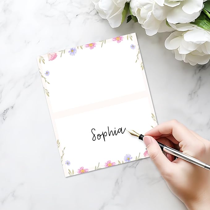 25 Pack Flower Place Cards, Editable Name Cards for Table Setting, Tent Cards Food Label for Dinner Party, Bridal Shower, Wedding, Baby Shower and Events -T06