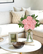 Hollyone Pink Hydrangea Artificial Flowers in Clear Glass Vase with Faux Water Silk Hydrangeas Fake Flowers Floral Arrangement for Home Bathroom Kitchen Office Table Centerpiece Shelf Decorations