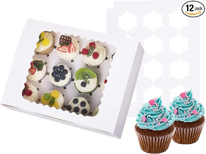 12-Set Cupcake Boxes Hold 12 Standard Cupcakes, Food Grade Cupcake Holders Bakery Carrier Boxes with Windows and Inserts for Cupcakes, Muffins and Pastries (White-12 Pack)