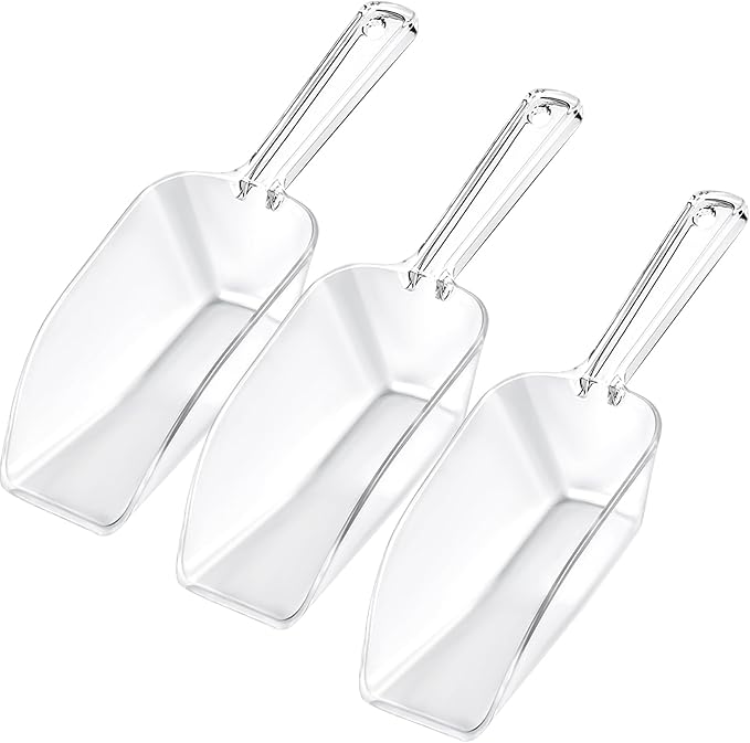 3 Pcs Clear Plastic Ice Scoop Set, Small Acrylic Serving Scoops For Candy Buffet, Canisters, Dry Goods Multi-Purpose Kitchen Food Scoop For Coffee, Tea, Flour, Wedding Desserts (7.8 Inch Long)