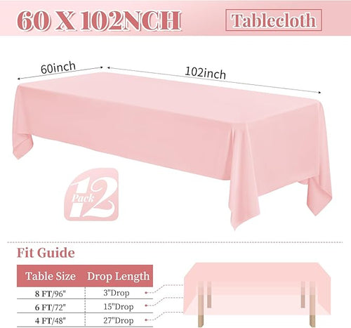 12 Pack 60 x 102 Inch Rectangle Tablecloth Pink Polyester Tablecloth for 6 Feet Rectangle Tables,Washable Fabric Table Cloth for Wedding Dining Table Buffet Parties Camping