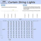 200 LED Curtain String Lights 9.8 * 6.6FT Plug in Fairy with Timer and 8 Modes, Waterproof Window Wall Lights for Bedroom Wedding Party Indoor Outdoor Christmas Decor