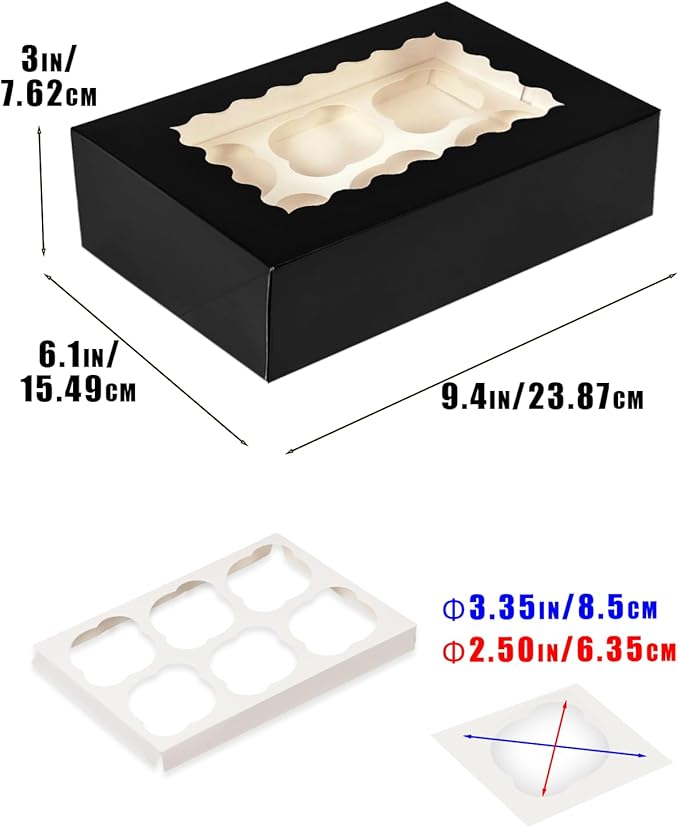 Bakepacker Auto-pop up 6 Cupcake Boxes with Window 20 Count Black Box 9.4 x 6.1 x 3 inch Cupcake Carrier