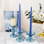 3-Piece Set of Blue Glass Candlestick, Crystal Candlestick Holder Holder and Conical Candle, Christmas Candle Holder Decoration, Family Living Room Wedding Candle Holder (Blue)