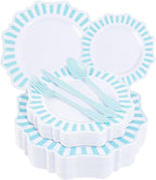 COLOSUS 150pcs Disposable Blue and White Striped Easter Plastic Party Plates and Silverware set, Light Blue Dinner/Dessert Plates silverware serve 30guests for Birthday Wedding Party and Daily use.
