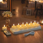 Rechargeable LED Tea Lights, Flickering Flameless Candles with Remote Timer, 12 PCS Electric Battery Operated Candles with Charging Base for Christmas Weddings Decorative (Black Wick)