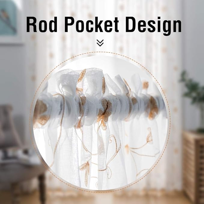 Sheer Curtains Gold 45 Inch Length,Floral Embroidered Rod Pocket Voile Drapes for Living room, Bedroom, Window Treatments Semi Curtain Panels for Yard, Patio, Villa, Parlor, Set of 2, 52"x 45".
